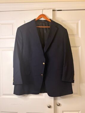 Hart Schaffner Marx 50R Navy Blue Wool Gold Button Mens Blazer Jacket Sport Coat